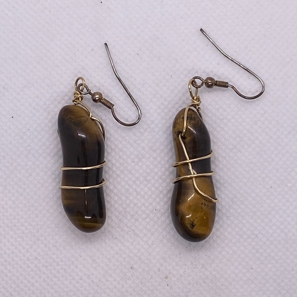 Tiger’s Eye Wire Wrapped Earrings Natural Stone Dangle Boho Gemstone - Picture 6 of 8